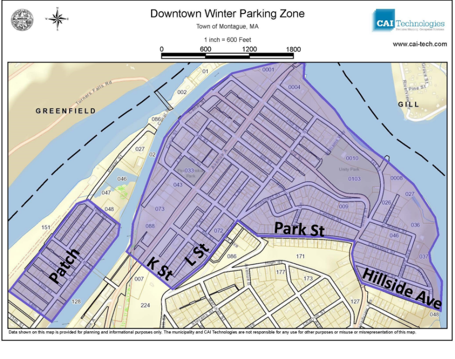 Downtown Turners Falls Winter Parking Zone Map