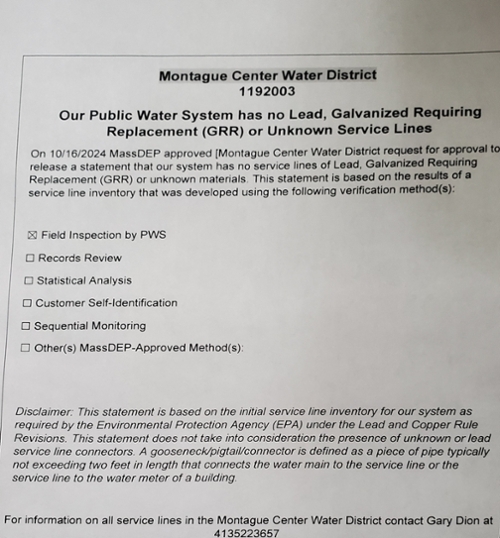 Montague Center Water District Announcment