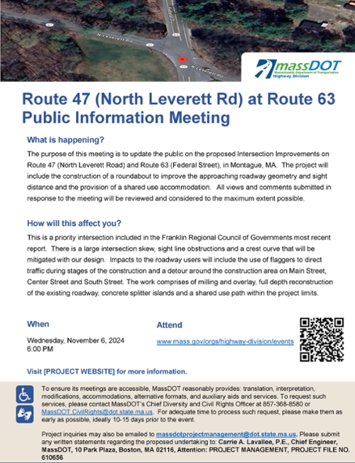 MassDOT Public Info Meeting for Proposed Intersection Improvements at Route 47 (North Leverett Road) and Route 63 (Federal Street)